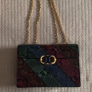 Authentic Tory Burch Multicolor Snake Print Handbag with Gold Chain - Like New